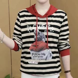 感撞色条纹设计长袖 纯棉搭百搭时尚 穿新款 帽衫 显 连秋季 芭拉婷
