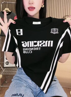 【芭拉婷】欧货复古圆领设计感别致字母印花黑色短袖T恤女2026夏