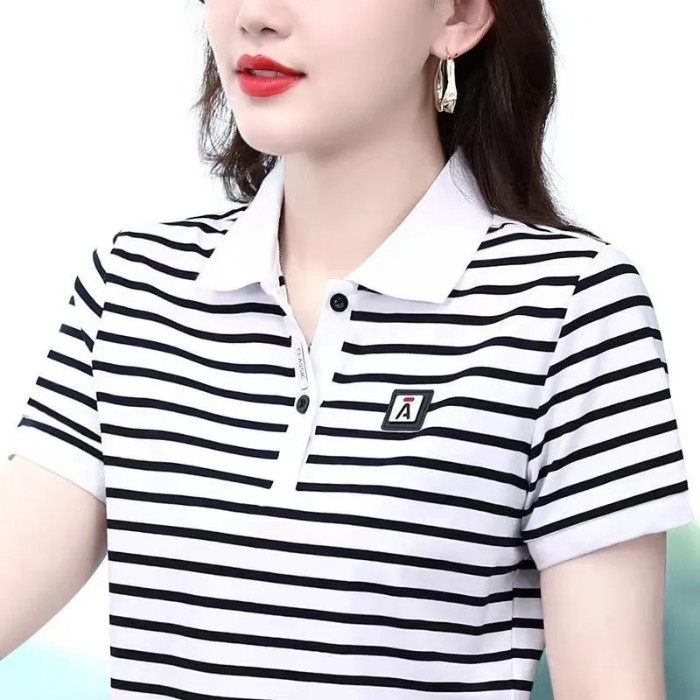 【芭拉婷】2025夏装短袖t恤女士洋气条纹时尚polo衫中年妈妈体恤