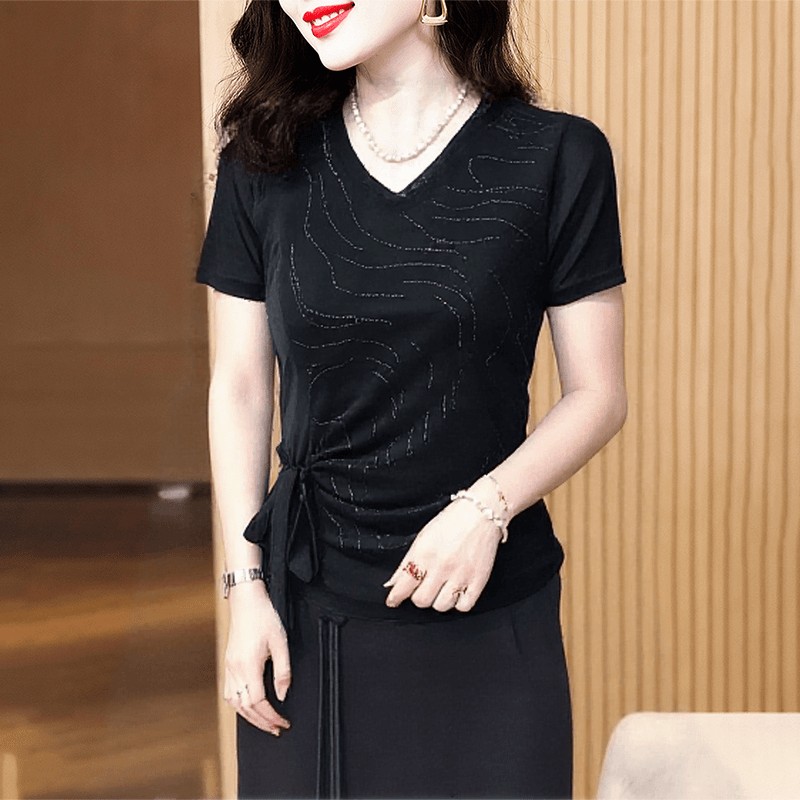 女士短袖V领黑色T恤衫夏季妈妈装重工烫钻洋气显瘦减龄小衫