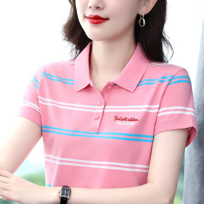 衬衫条纹短袖T恤女夏季新款韩版翻领POLO衫夏季大码休闲打底上衣