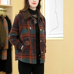 女格子加厚呢子大衣女士妈妈大码 秋冬装 中年外套西装 毛 芭拉婷