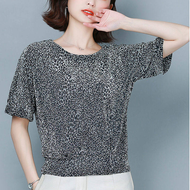 【芭拉婷家】T恤夫人亮丝小衫夏遮肚亮豹纹打底女贵宽松新款ins丝