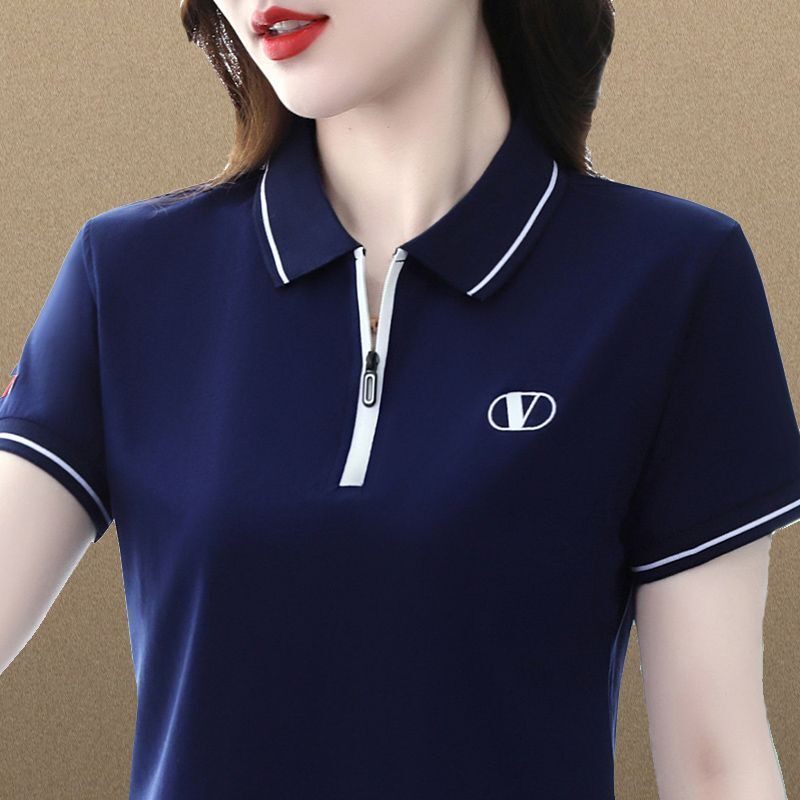 洋气短袖t恤女夏季妈妈装中老年时尚POLO衫宽松显瘦上衣翻领大码