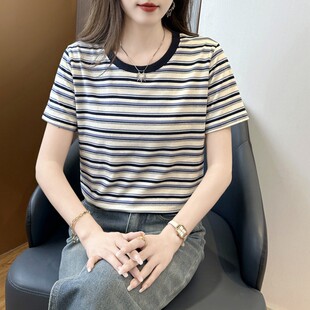 【芭拉婷】【95棉5氨纶】日常洋气时髦拼接撞色条纹短袖夏季百搭