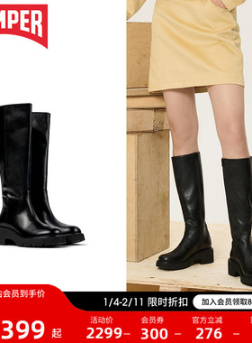 Camper看步女鞋Milah秋冬新款黑色粗跟显瘦长筒靴骑士高筒女靴