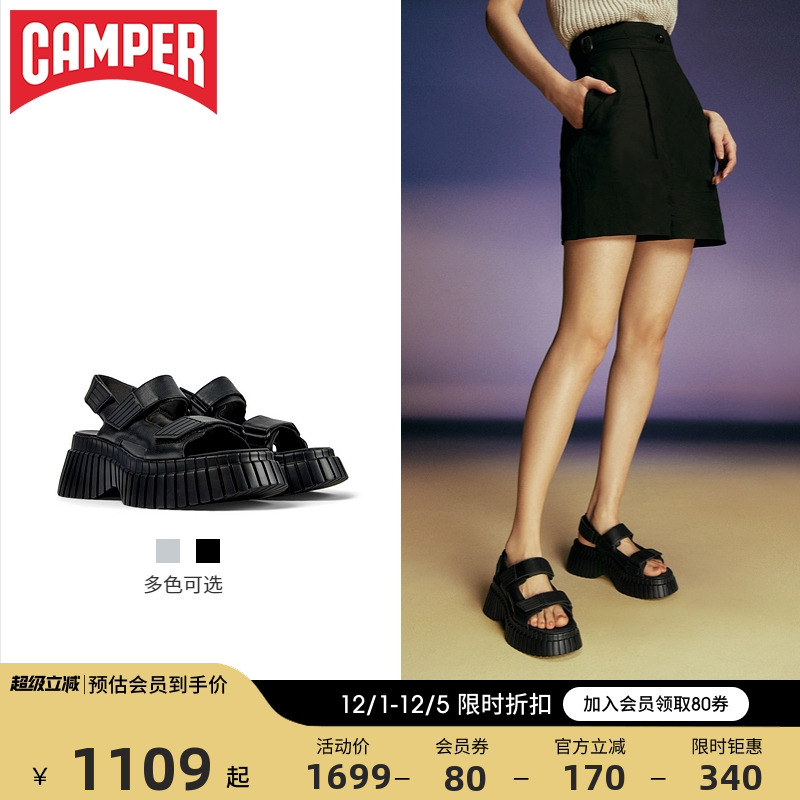 Camper看步女鞋BCN新款夏季厚底凉鞋女外穿魔术贴黑色休闲松糕鞋