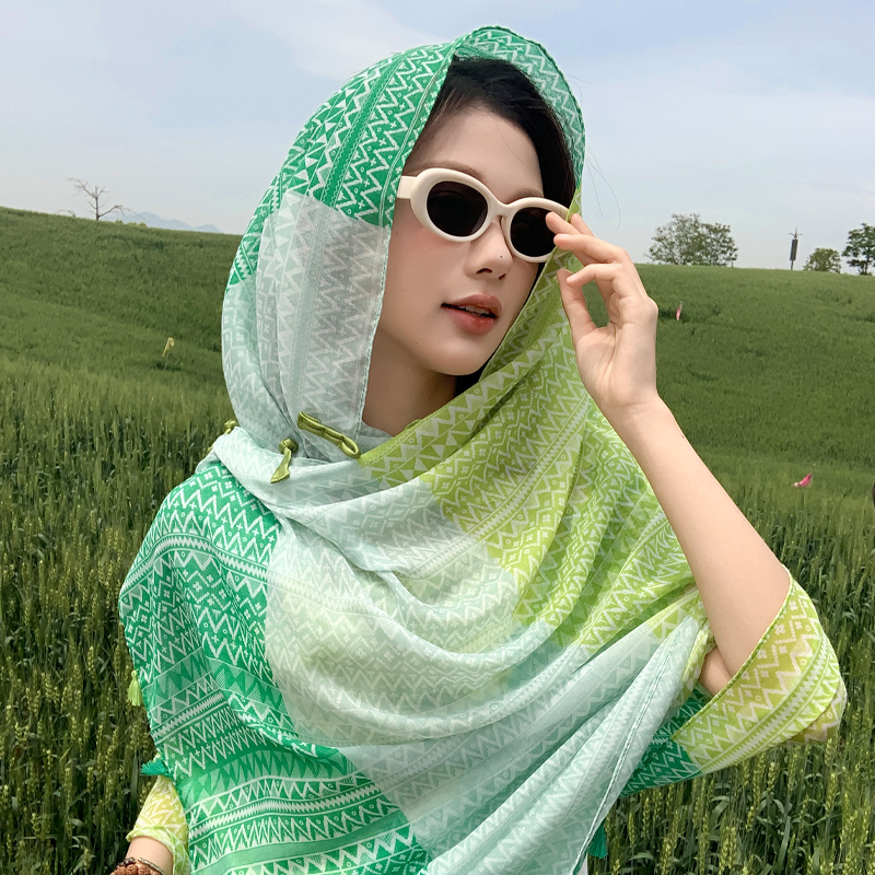 民族风盘扣防晒披肩女外搭云南大理旅游穿搭海边遮阳沙滩丝巾1016