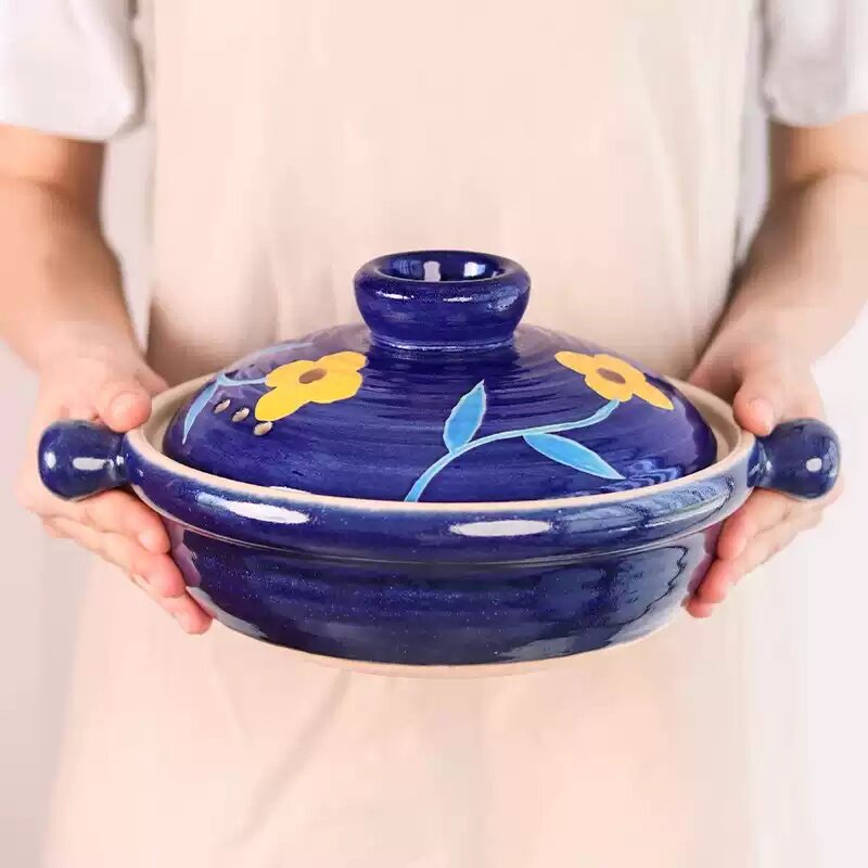 万土烧小仓蓝家用陶瓷焖煮炖锅老式土锅 耐高温 釉下彩琉璃蓝色釉