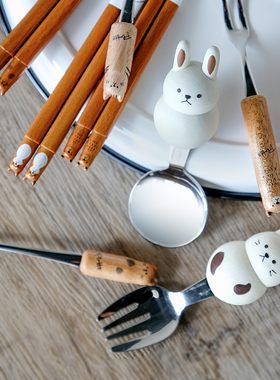 日本Fluffy筷子动物造型叉勺甜品小熊勺子plumpy木制进口日式餐具