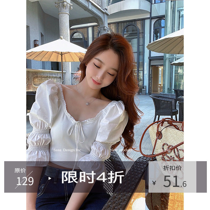 sasa中古珍妮 交叉吊带设计感泡泡袖系带上衣女拼接短款修身衬衫