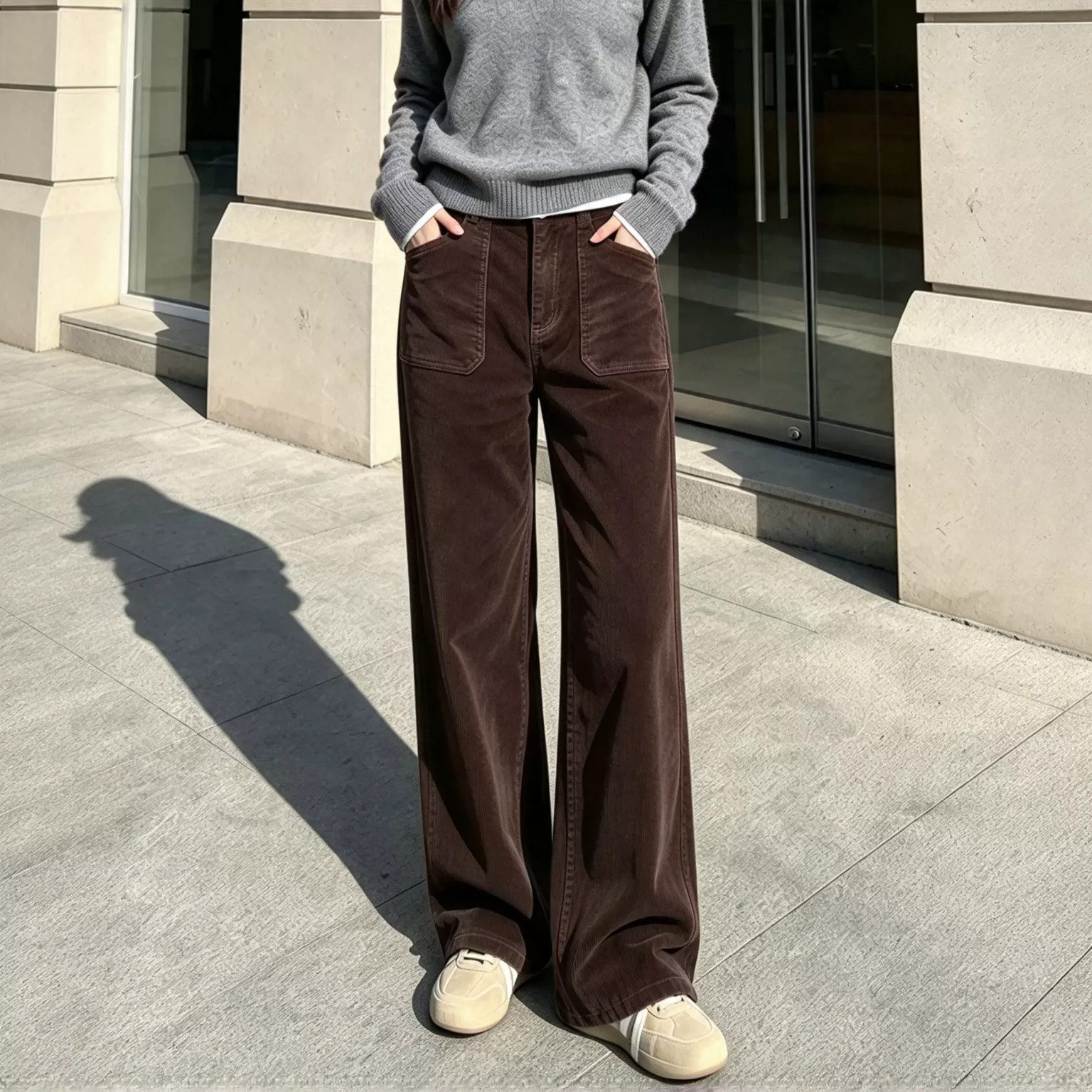 高档女士春秋时尚设计感窄版阔腿高腰显瘦休闲裤灯芯绒工装直筒裤