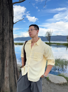 美式复古黄色条纹Polo领衬衫外套男春秋宽松休闲开衫慵懒chic上衣