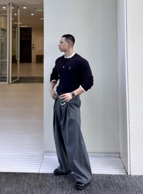 美式古着街头男女复古条纹褶皱灰色宽松坠感休闲西裤