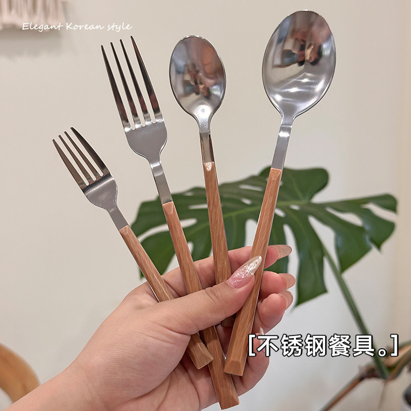 韩式网红家用长柄勺子叉子不锈钢餐具刀叉ins风精致甜品小勺子女