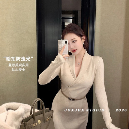 JUNJUN-STUDIO-冬上新韩版气质修身针织包臀连衣裙(配腰带)2808