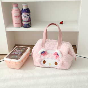 可爱女生手提便当包午餐保温毛绒妈咪包盒饭收纳袋小布包带饭女包