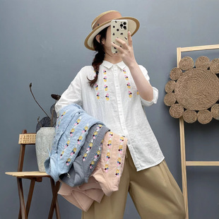 上衣 女森系文艺花朵刺绣柔软亲肤纯棉宽松五分袖 双层棉纱中袖 衬衫