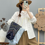 宽松显瘦上衣 女2026春秋新款 复古民族风重工刺绣双层棉纱长袖 衬衫