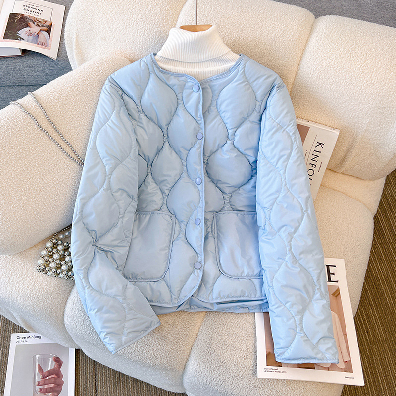 2025秋冬新款羽绒棉服女装短款港风菱形格轻薄棉衣宽松棉袄外套