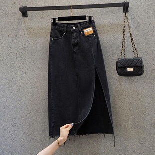 黑色百搭中长款侧开叉牛仔半身裙女高腰新款a字辣妹包臀裙子潮ins