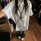 2024新款 女夏季 小众设计感宽松衬衣上衣 衬衫 日系复古蓝色条纹短袖