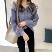 韩版 秋季 泡泡袖 抽绳七分袖 衬 设计感小众衬衫 条纹衬衣别女式 女薄款