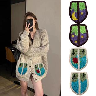 衣服口袋自缝外加手钩刺绣口袋布贴 时尚搭配衣服裤子装饰补丁DIY