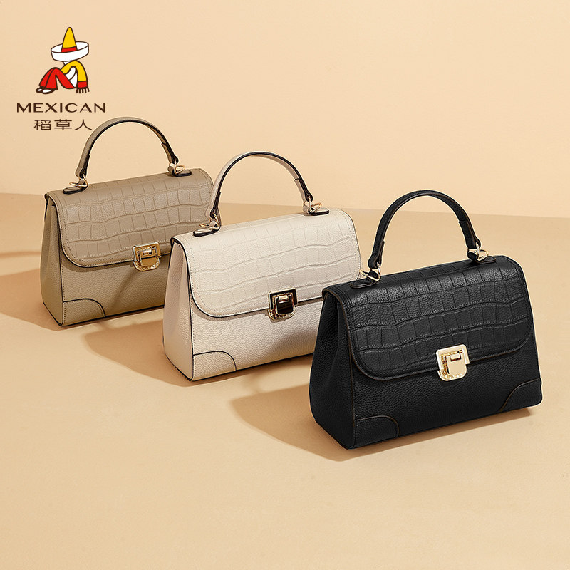 稻草人今年流行包包真皮黑色斜挎包女大容量通勤包小众百搭手提包