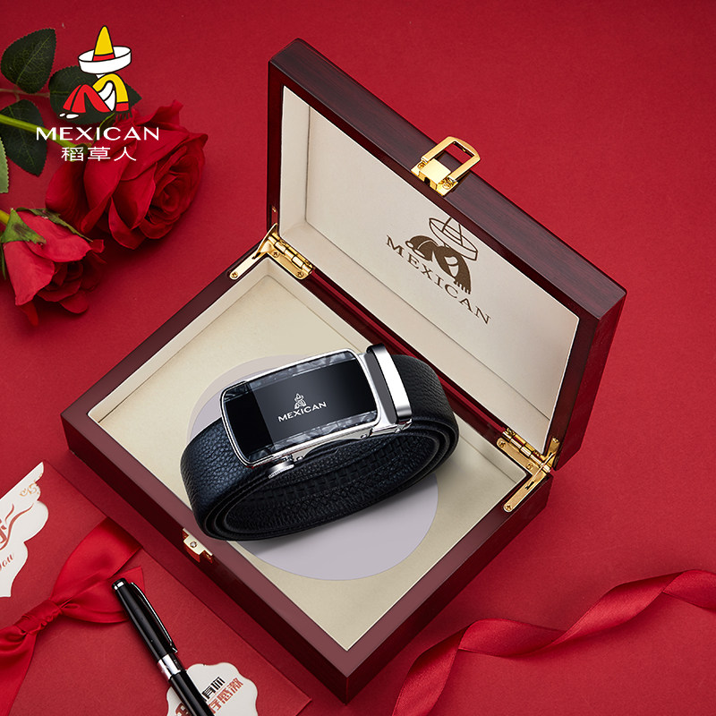 稻草人皮带男款纯牛皮男式韩版腰带新款休闲潮流自动扣裤带礼盒装