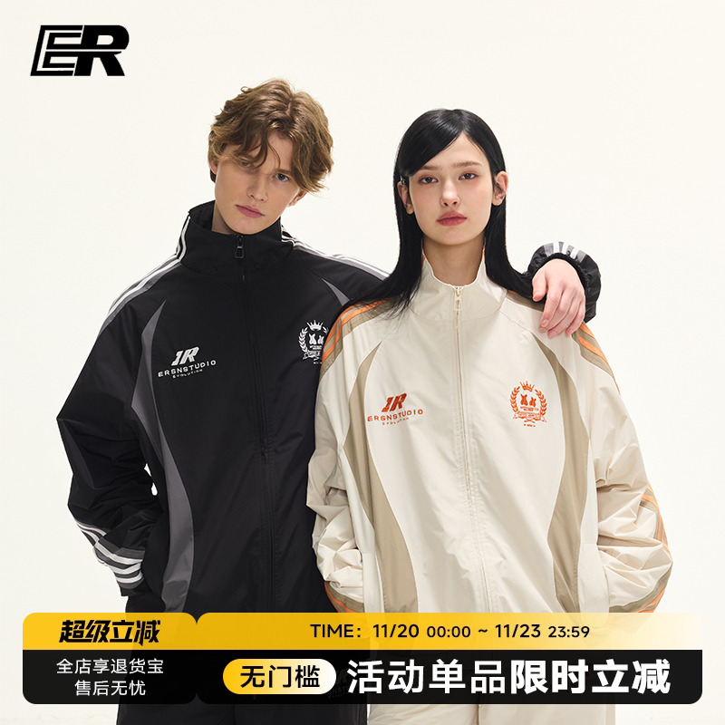ER国王皇冠立领夹克2025春秋季美式复古拼接情侣外套运动上衣