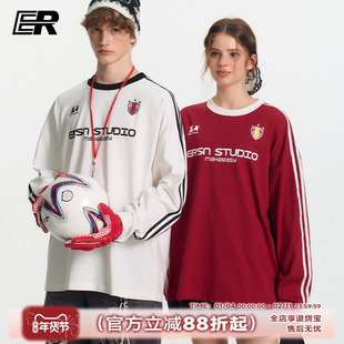 ER泽西风条纹撞色长袖T恤秋季新款美式潮牌oversize校园情侣装