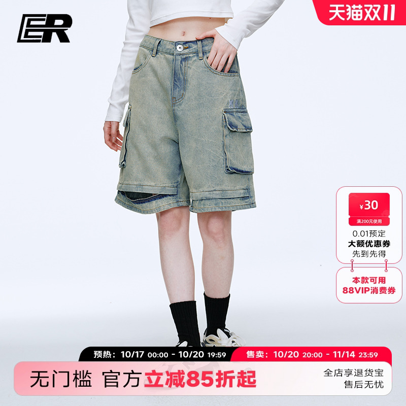 ER美式潮牌休闲牛仔短裤情侣多口袋工装五分中裤