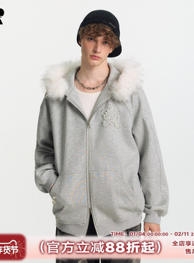 ER毛领珍珠开衫卫衣秋季新款港风chic复古情侣宽松潮牌连帽外套