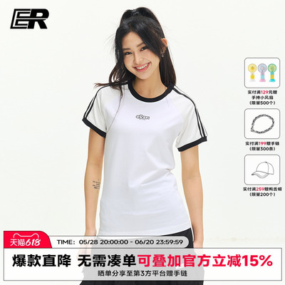 ER三条杠辣妹美式正肩T恤2025夏季潮牌休闲短袖修身显瘦体恤女款