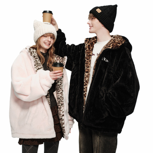 ER慵懒风日系软糯豹纹仿羊羔绒外套男女冬季潮牌宽松保暖加厚棉衣