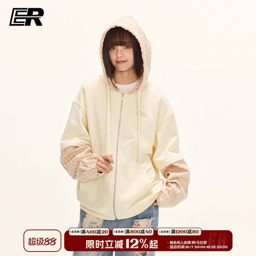 ER拼接假两件开衫卫衣秋季美式潮牌校园风休闲宽松情侣帽衫