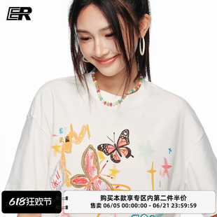 ER手绘涂鸦花卉蝴蝶印花短袖T恤夏季休闲宽松透气慵懒风短袖上衣