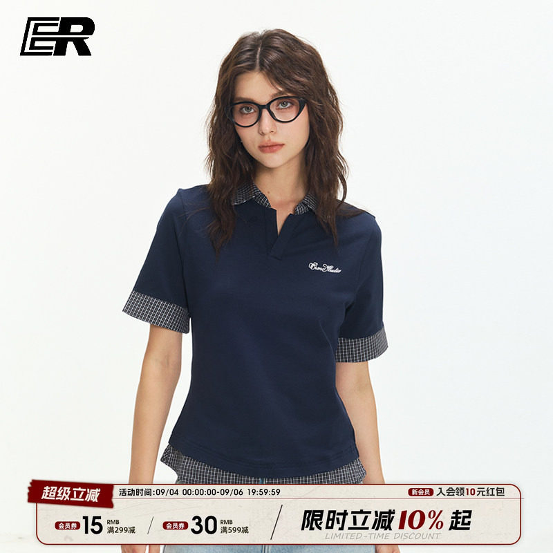 ER复古辣妹polo领撞色短袖t恤2026夏季假两件修身显瘦上衣女款图片