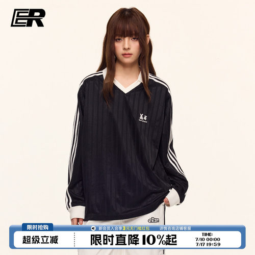 ER三条杠v领缎面球服长袖T恤女2026春秋oversize美式高街运动上衣