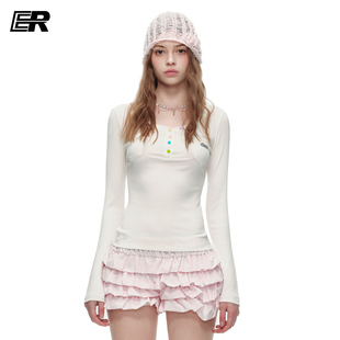 ER彩色排扣半开衫辣妹纯欲内搭长袖T恤女春夏修身显瘦设计感上衣