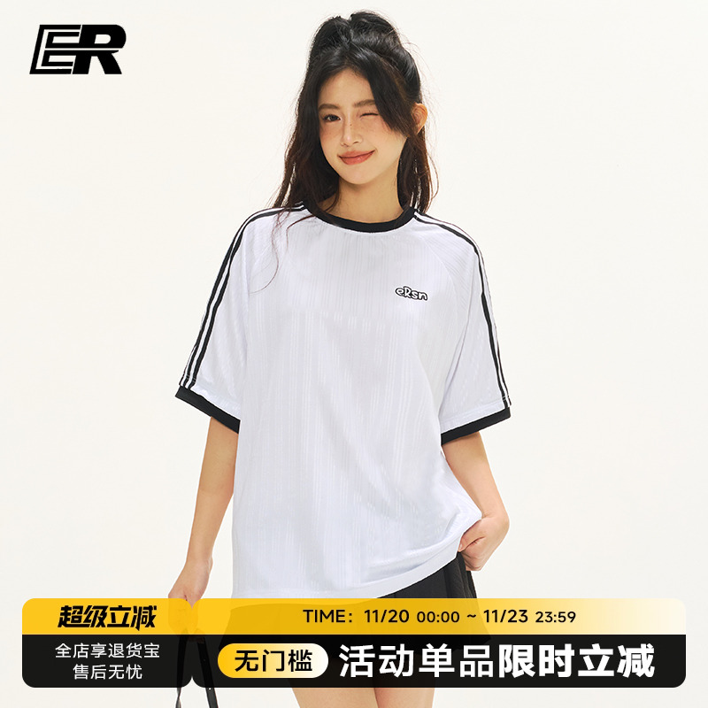 ER条纹撞色运动短袖t恤男女2025夏季国潮美式复古竖纹上衣情侣装
