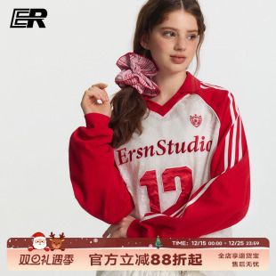 运动12号冰球服罩衫 t恤女国潮美式 V领长袖 ER蕾丝透视感镂空插肩袖