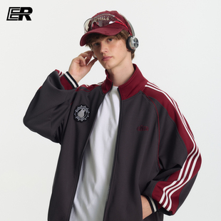 ER学院风徽章条纹开衫卫衣男2026秋季美式复古立领户外休闲运动服