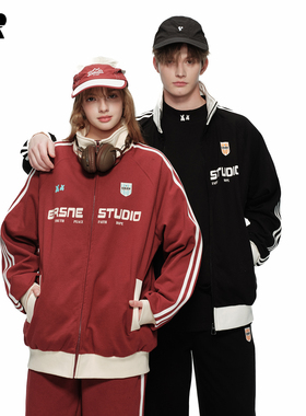 ER学院风撞色条纹立领卫衣男女情侣款春季户外运动休闲开衫外套