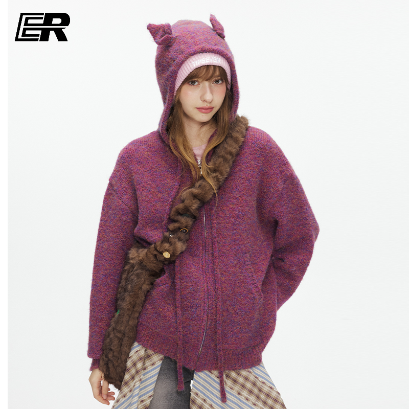 ER美式复古慵懒风开衫连帽毛衣男女宽松休闲紫红色小狗耳朵外套