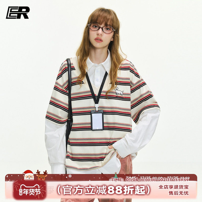 【张桂源】ER假两件小狗刺绣条纹Polo领长袖T恤男女2026秋学院风,男装,Polo衫,淘宝优惠券,粉丝福利购,淘宝优惠卷