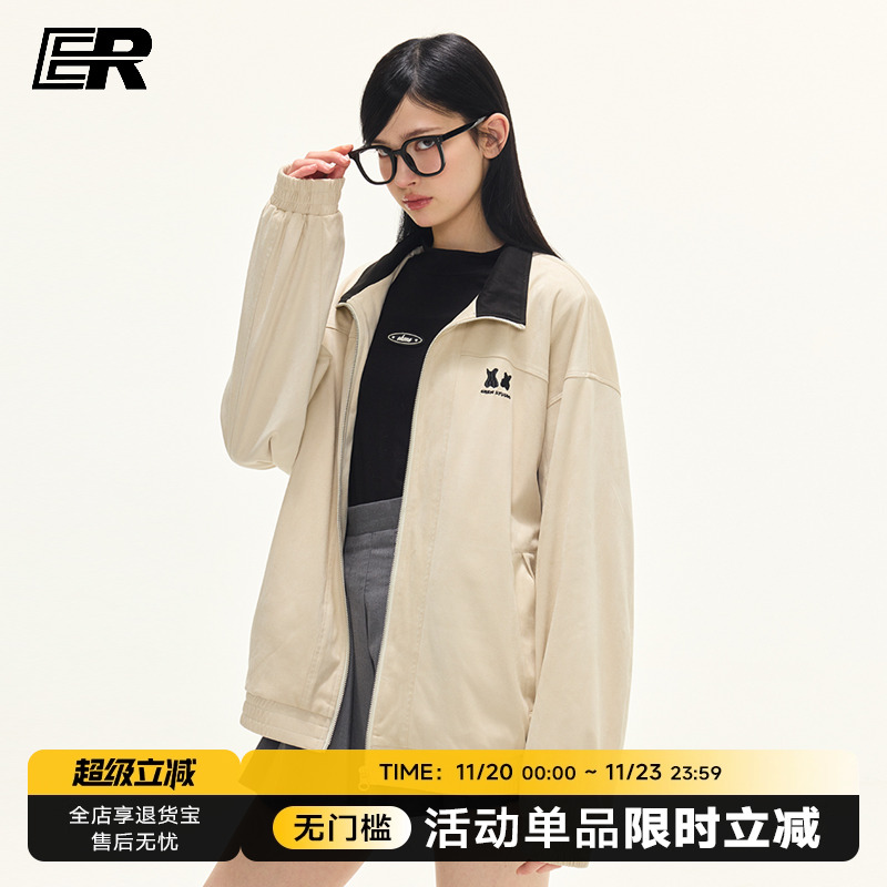 ER星星眼拼接立领夹克男2025秋季复古潮牌情侣cleanfit麂皮外套