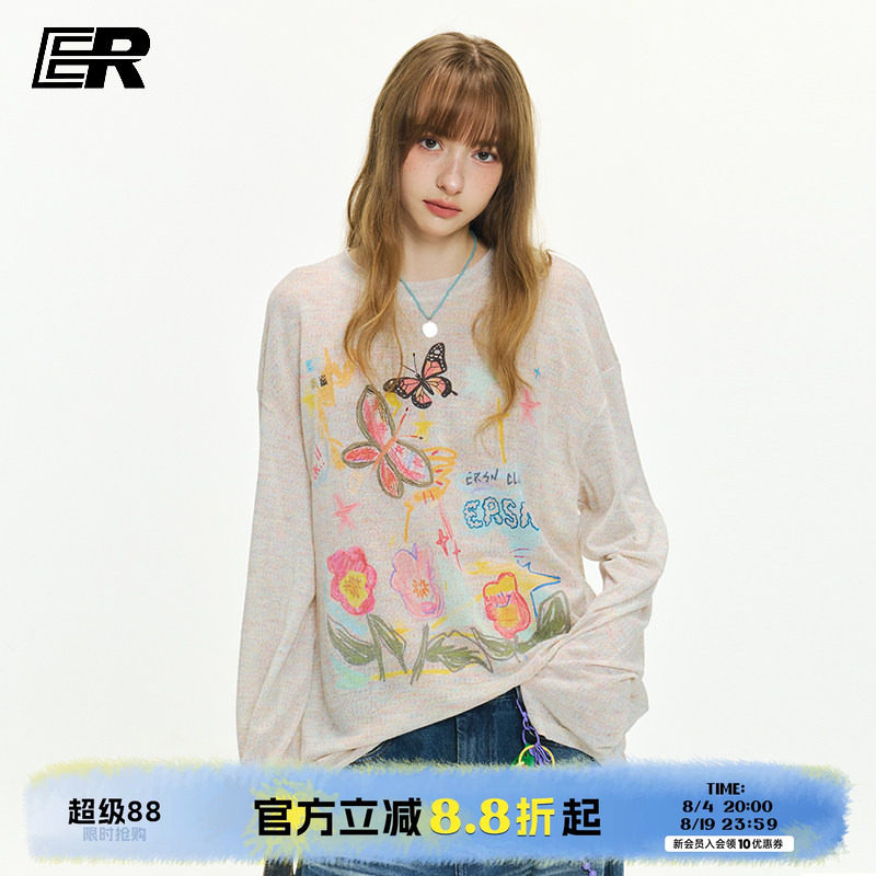 ER花卉蝴蝶彩绘罩衫薄款物理防晒男女国潮嘻哈潮流外穿长袖上衣