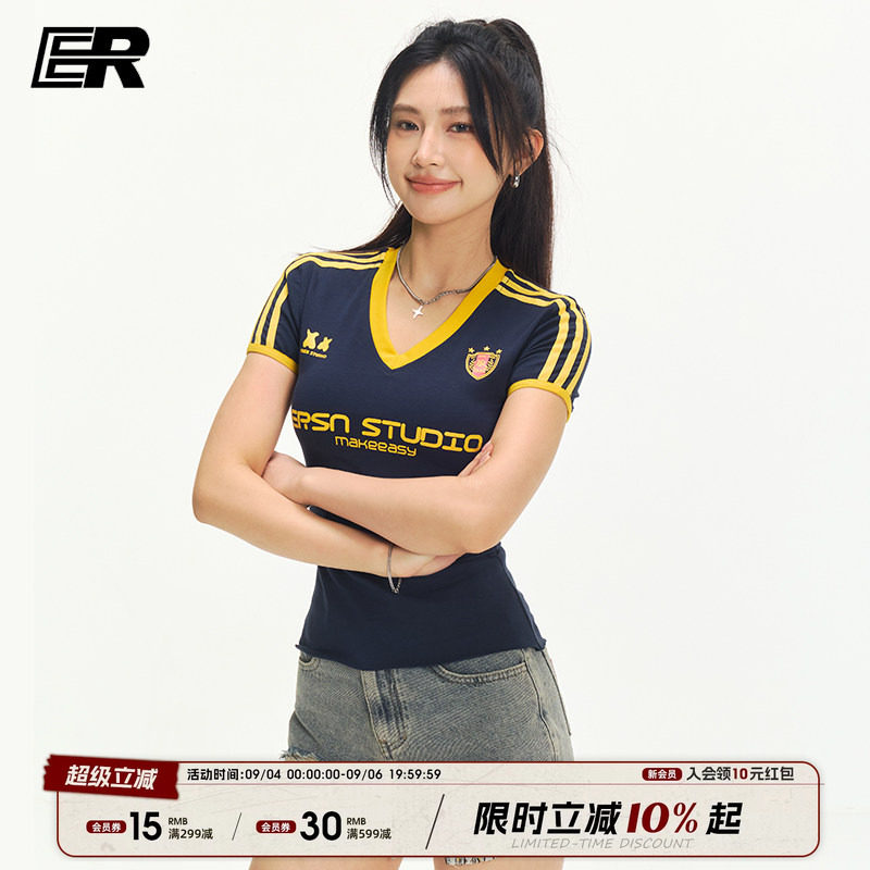 ER美式y2k正肩短袖t恤女球衣辣妹修身掐腰潮牌撞色V领上衣夏季图片
